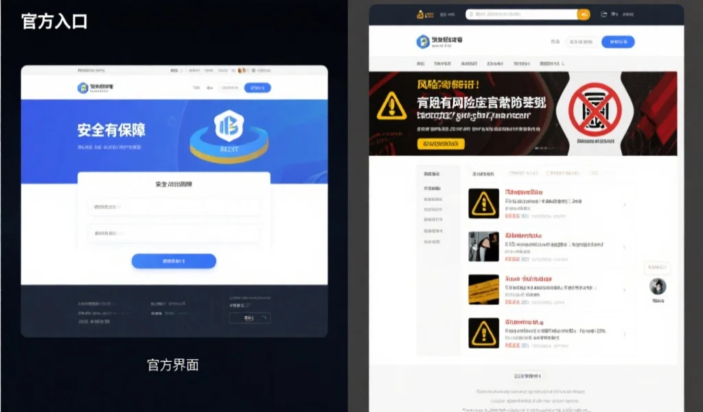 一张对比图,左侧为安全有保障的官方入口界面,右侧为充满风险提示的非官方网站页面